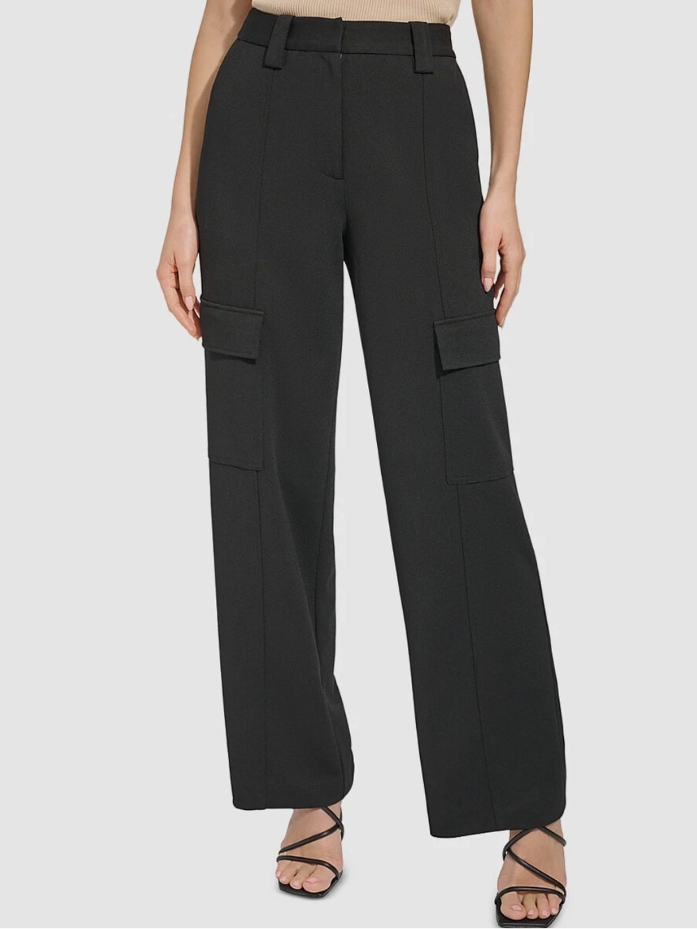 NWT DKNY Black Wide Lego Dressy Pleated Cargo Pants Sz 12
